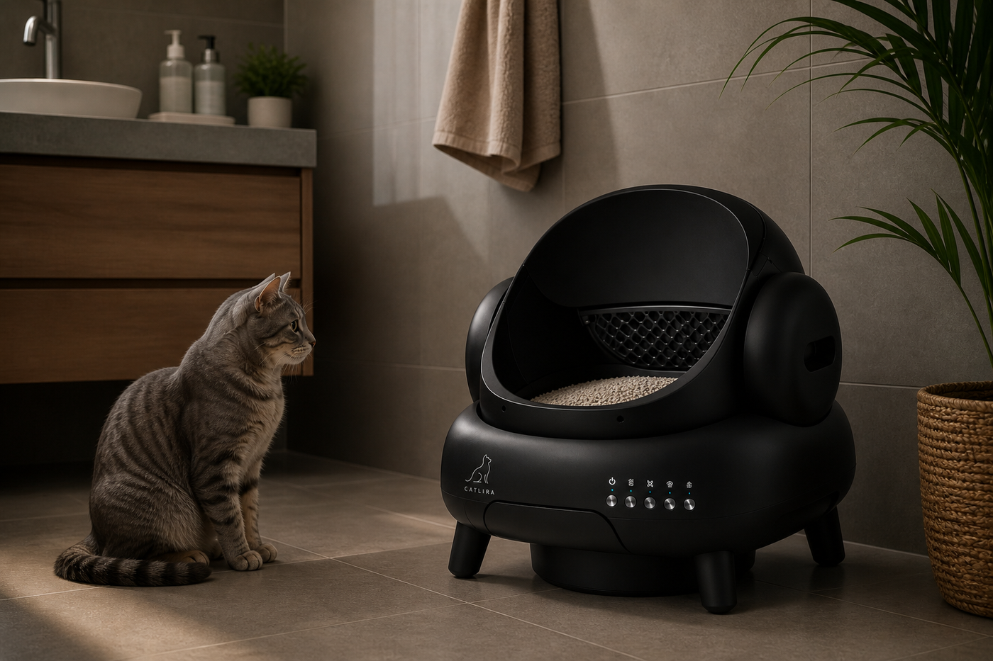 Chat tigré hésitant face à sa litière CATLIRA — comportement et propreté