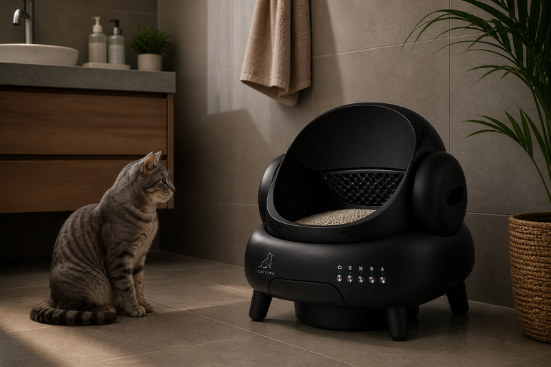 Chat tigré hésitant face à sa litière CATLIRA — comportement et propreté