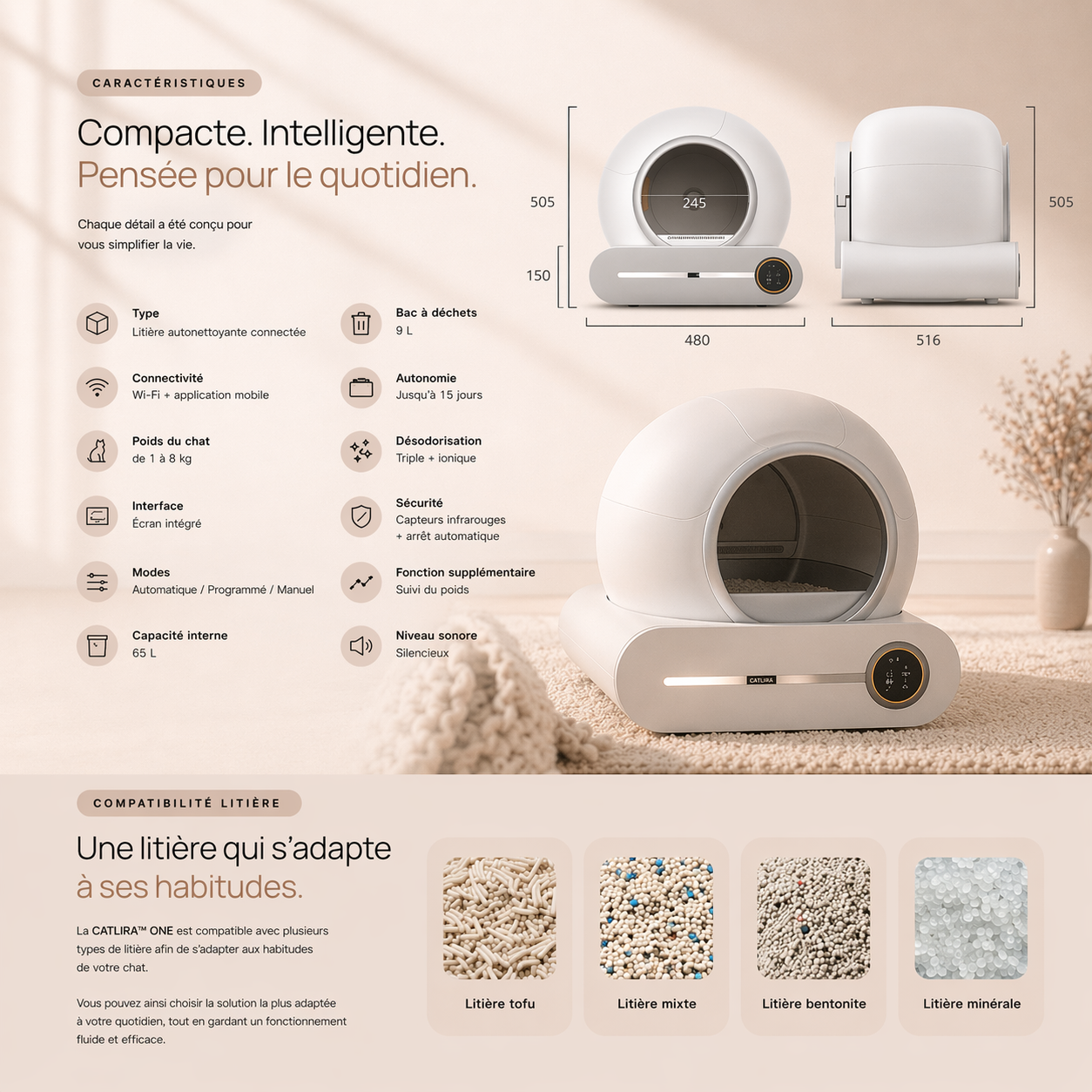 Litière autonettoyante connectée 65L | CATLIRA™ ONE