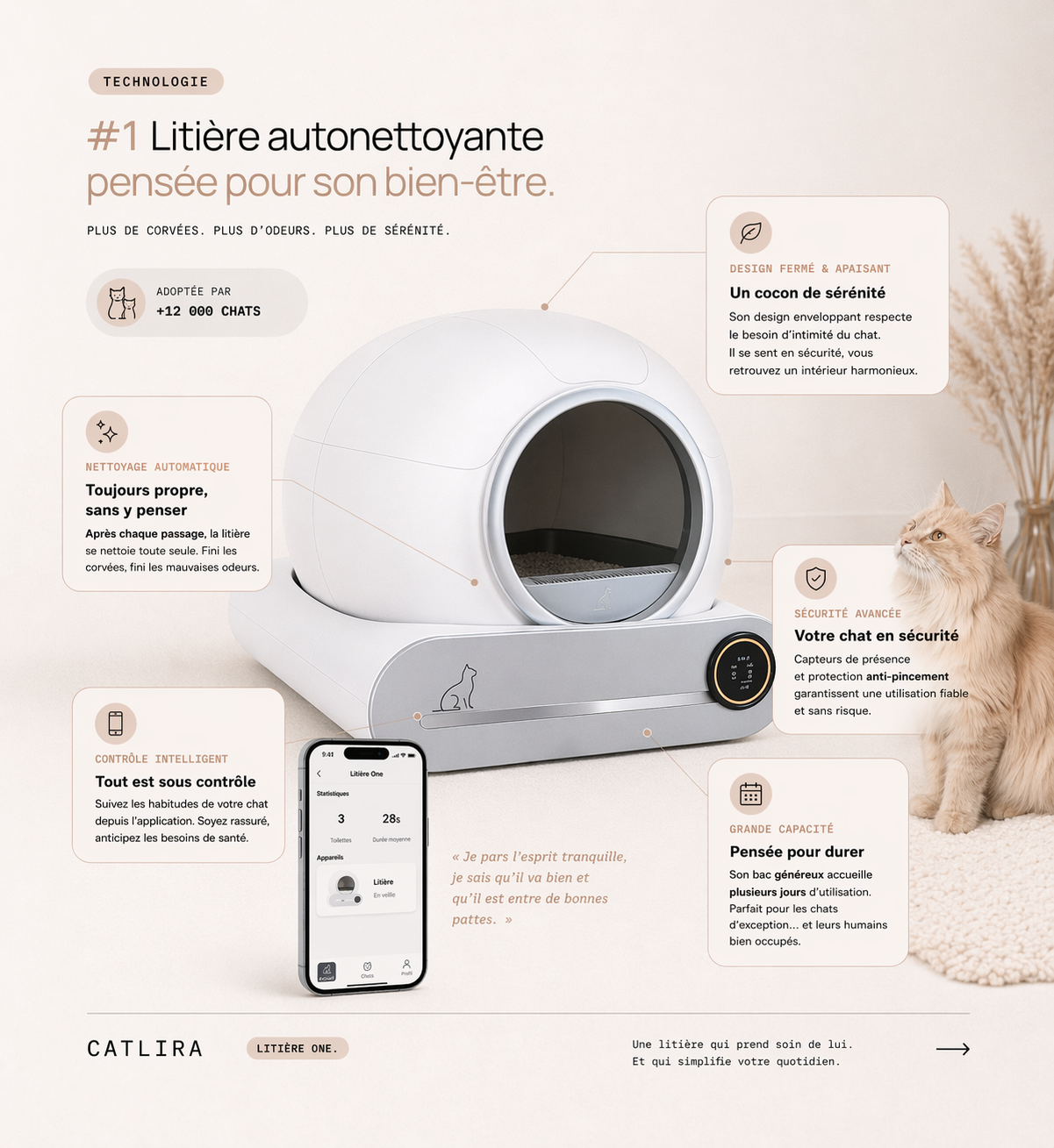 Litière autonettoyante connectée 65L | CATLIRA™ ONE